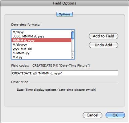 Photographie - Ajouter des options pour un champ dans Word 2011 pour Mac