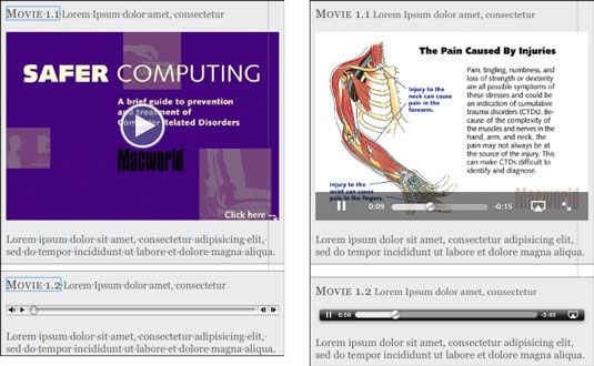 Un objet vidéo et un objet audio dans iBooks Author (à gauche), et les mêmes objets dans un e-book sur e