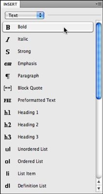 Vous pouvez utiliser la catégorie de texte du panneau Insertion d'appliquer le formatage de texte de base.