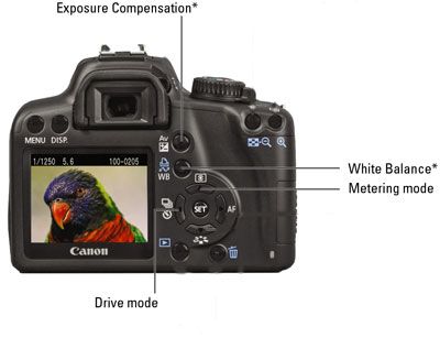 Certains contrôles cruciaux sur un Canon EOS Rebel XS / 1000D.