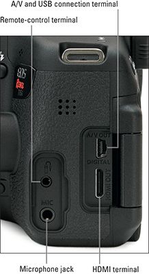 Les bornes et les prises disponibles sur l'appareil photo Canon EOS Rebel T6i / 750D.