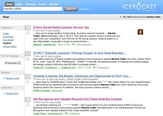 Résultats d'une recherche de blog sur IceRocket.