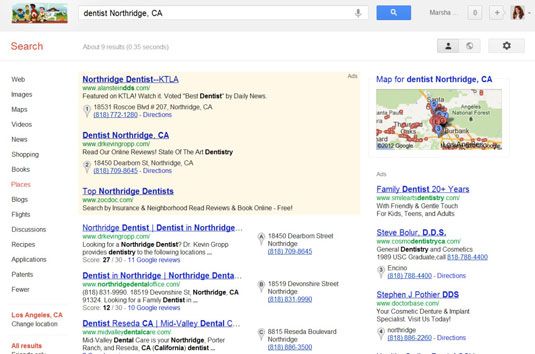 Une recherche sur Google pour un dentiste à Northridge, CA.