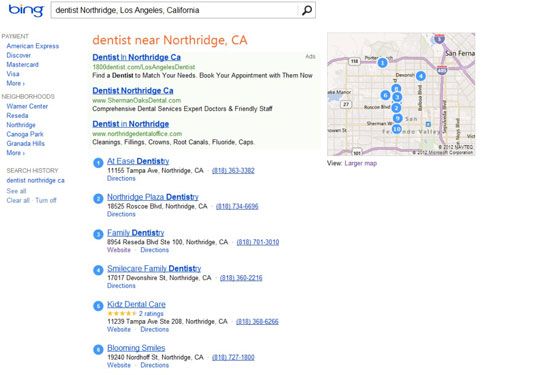 Une recherche Bing pour un dentiste à Northridge, CA.