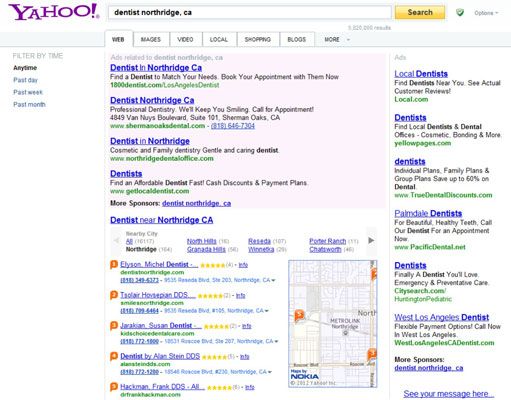 Une recherche Yahoo! pour un dentiste à Northridge, CA.