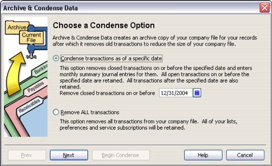 QuickBooks's Archive & Condense Data wizard makes condensing and backing up your data at 
