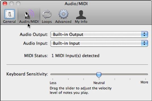 Le volet Audio / MIDI détecte le clavier MIDI et vous permet d'assigner entrée et sortie audio.