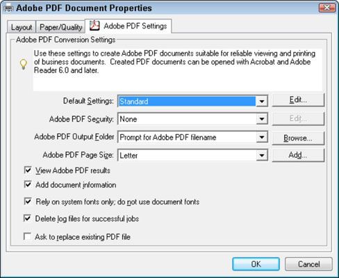 Vous pouvez modifier les paramètres de conversion lors de l'impression à l'imprimante Adobe PDF.