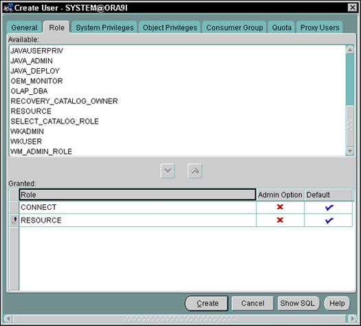 Création d'un nouvel utilisateur dans Oracle9i