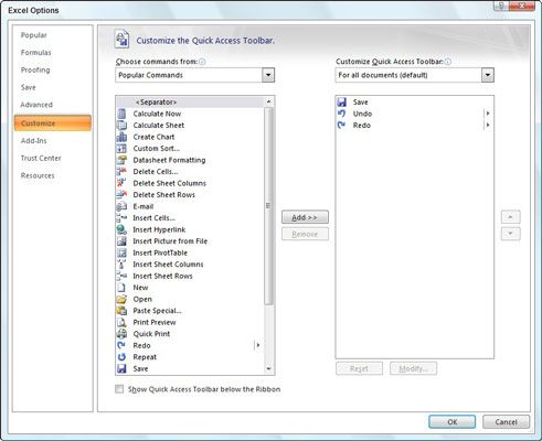 Utilisez les paramètres de personnalisation pour ajouter une commande Excel 2007 à la barre d'outils Accès rapide.