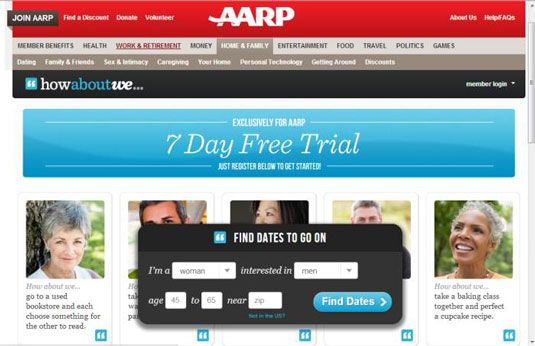 La page d'accueil de l'AARP's senior dating site.