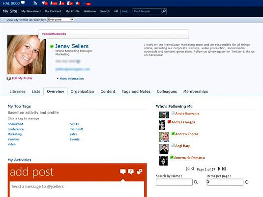 Un profil social NewsGator vous permet de voir un collègue's connections, as well as the subjects she post
