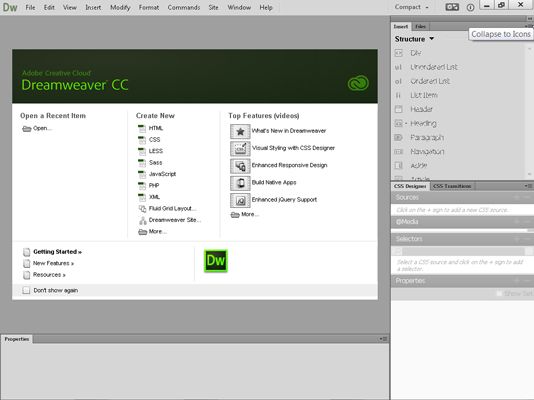 L'écran de bienvenue Dreamweaver CC fournit des raccourcis vers des fichiers récemment ouverts, de nouveaux types de fichiers, et