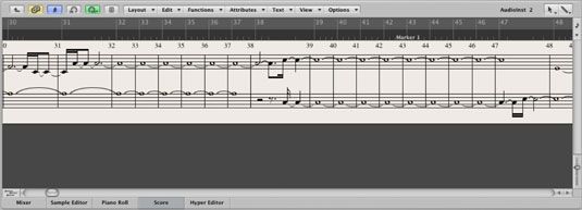 Le menu Score vous montre vos données MIDI sous forme de partition musicale et vous permet de les éditer.