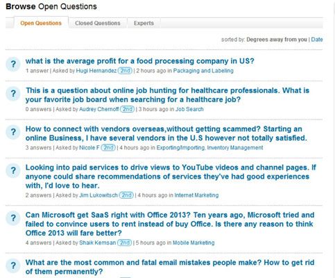 Les questions ouvertes dans LinkedIn Answers.