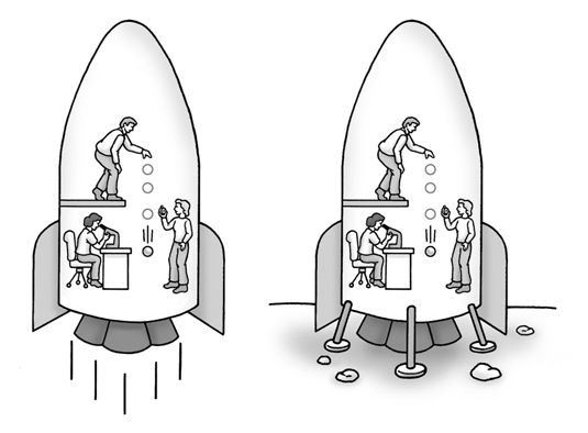 (À gauche) scientifiques réaliser des expériences dans un vaisseau spatial l'accélération. (À droite) Les scientifiques se t