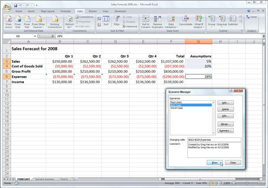 Photographie - Évaluation des scénarios avec le gestionnaire de scénarios de Excel 2007