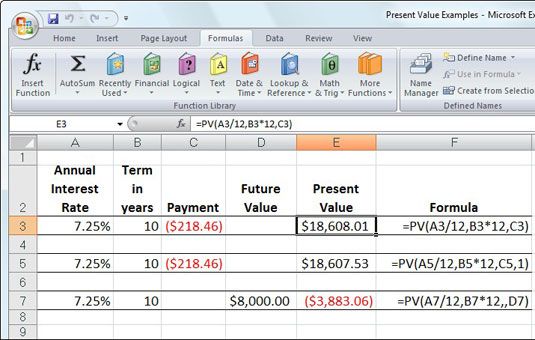Utilisation de la fonction PV pour calculer la valeur actualisée des différents investissements.