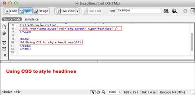 Ce point de vue sur écran partagé dans Dreamweaver affiche le code HTML dans le panneau supérieur et le format résultant