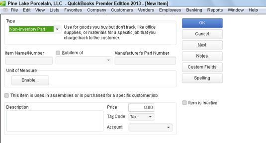 Photographie - Comment ajouter une partie non-inventaire à la liste de l'article dans QuickBooks 2013