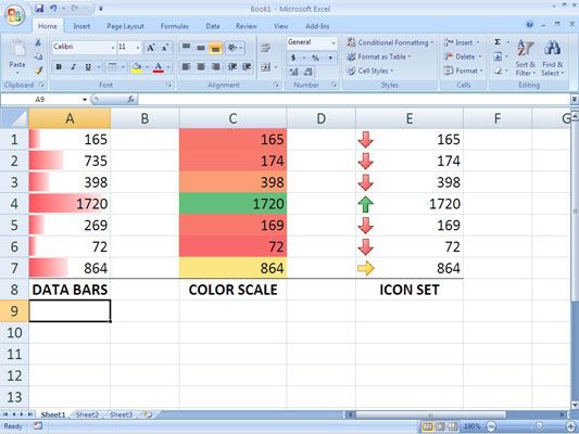 Des exemples de visualisations de données dans Excel 2007: Bars des données, une échelle de couleurs, et un ensemble d'icônes.