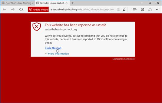 Microsoft Bord vous avertit lorsque vous visitez un site suspecté de phishing.