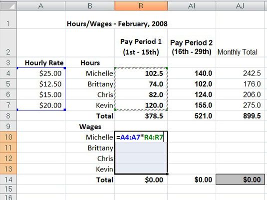 Construire une formule de matrice pour calculer le salaire horaire pour la première période de paie.