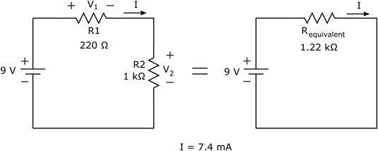 Pour calculer le courant à travers ce circuit, déterminer la résistance équivalente et appliquer Ohm's 