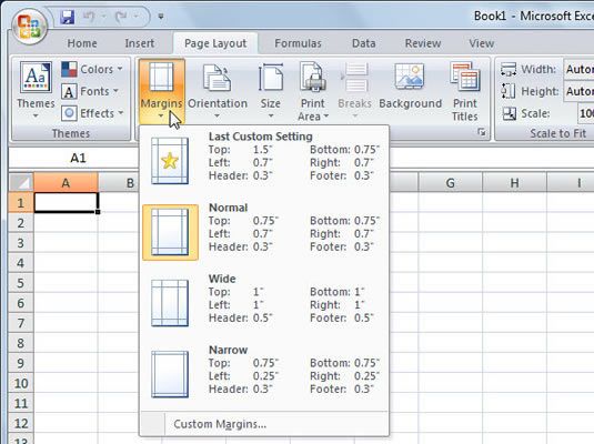 Excel 2007 fournit quelques préréglages de marge sur le menu déroulant marges.