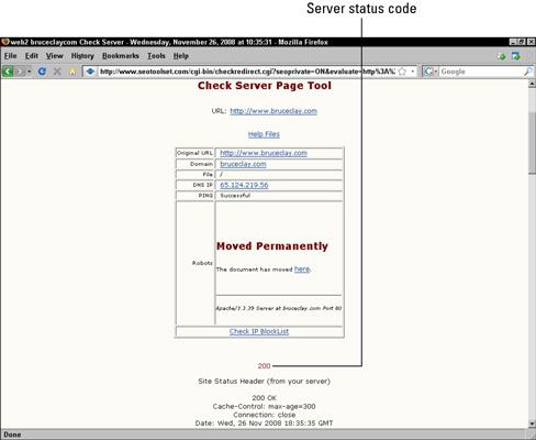 Le rapport Check Server identifie le code d'état de serveur pour une page Web.