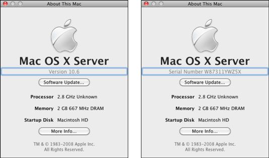 Cliquez sur le numéro de version de Mac OS X (à gauche) à deux reprises pour révéler le numéro de série matériel (à droite).