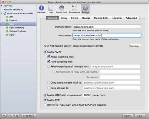 Photographie - Comment faire pour configurer le service de courrier de lion avec la fenêtre des paramètres de serveur admin