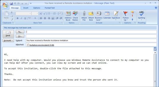 L'invitation de messagerie par défaut généré par Assistance à distance Windows