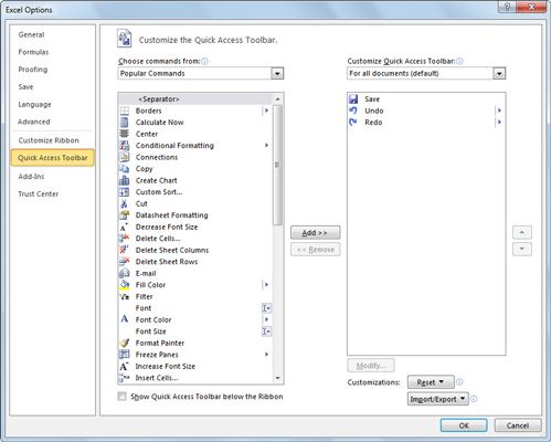 Utilisez la boîte de dialogue Options Excel pour ajouter une commande Excel 2010 pour la barre d'outils Accès rapide.