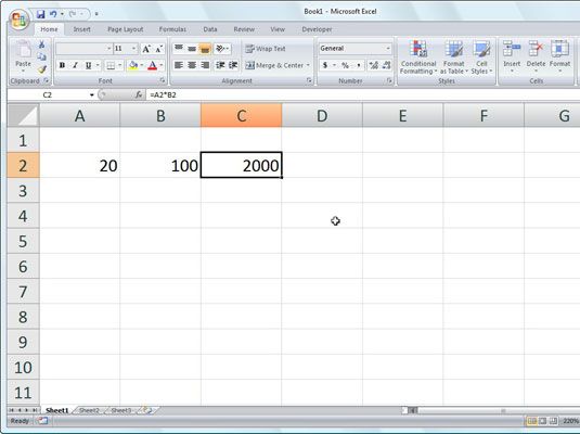 Cliquez sur la case Entrez et Excel affiche la réponse dans la cellule C2 tandis que la formule apparaît dans le formulaire