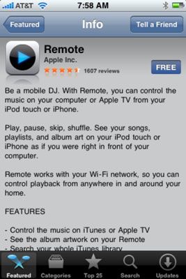 L'écran de détail pour Remote, une application gratuite d'Apple qui vous permet de contrôler iTunes ou AppleTV de yo