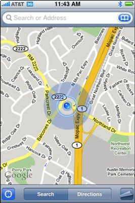 Avec un iPhone 3G, un marqueur bleu affiche votre position GPS.