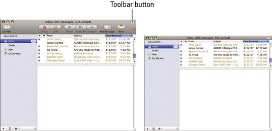 Le bouton de la barre d'outils peut afficher (à gauche) ou masquer (à droite) une fenêtre's toolbar.