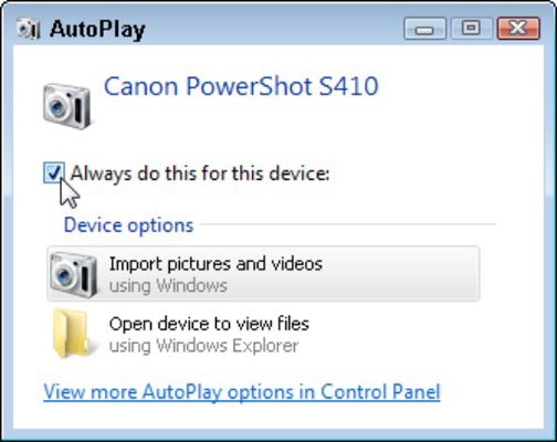 Lorsque Windows 7 reconnaît votre appareil photo, la fenêtre de lecture automatique apparaît.