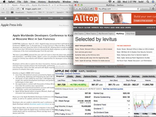 Web-surf espace, avec trois fenêtres de Safari (Apple Press Information, pages Alltop et eTrade) disposé j