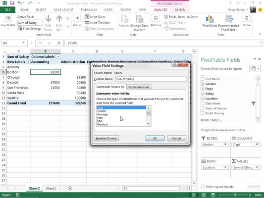 Photographie - Comment modifier la fonction de synthèse de la table de pivot dans Excel 2013