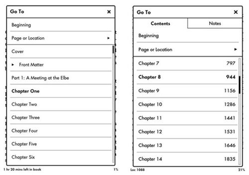 Utilisez le menu Aller à se déplacer vers les différentes sections d'un livre (de première génération Kindle Paperwhite sur t