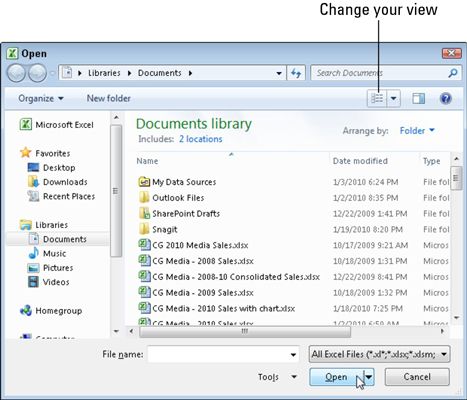 La boîte de dialogue Ouvrir tel qu'il apparaît lors de l'exécution Excel 2010 sur Windows 7.