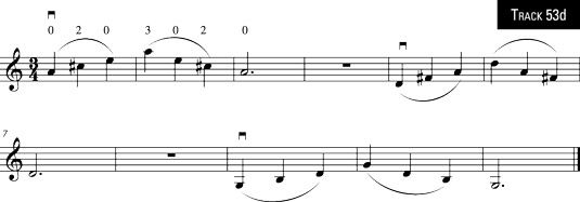 Trois arpèges avec des insultes de trois notes (un majeur, ré majeur, et G arpèges majeurs).