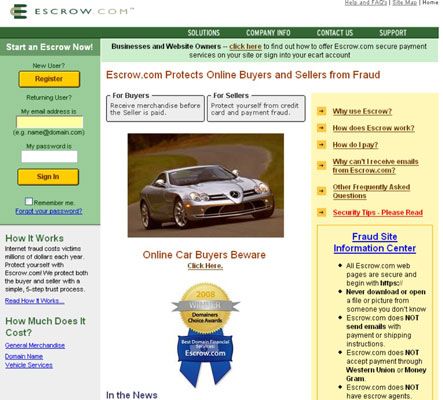 Lancer un séquestre par Escrow.com's home page.