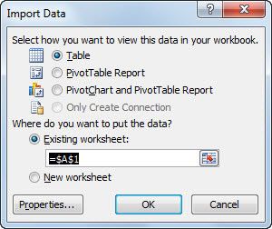 Spécifiez où et comment importer les données d'accès dans la boîte de dialogue d'importation de données.