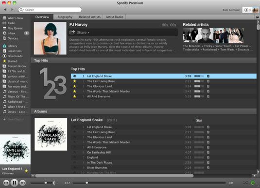 Un profil de l'artiste's Overview tab includes a biography, related artists, top tracks, and a dis
