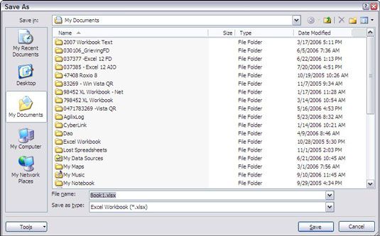 La boîte de dialogue Enregistrer sous tel qu'il apparaît lors de l'exécution Excel 2007 sur Windows XP.
