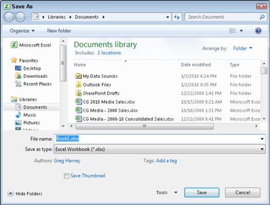 La boîte de dialogue Enregistrer sous tel qu'il apparaît lors de l'exécution Excel 2010 sur Windows 7.