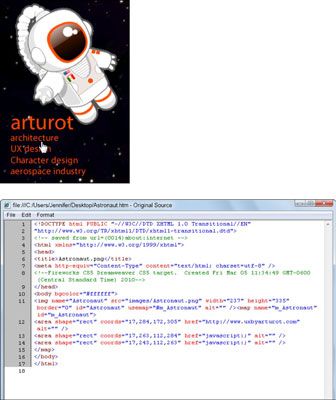 L'image de carte fini, comme on le voit dans un navigateur Web (en haut) et le code HTML créé pour l'image MA